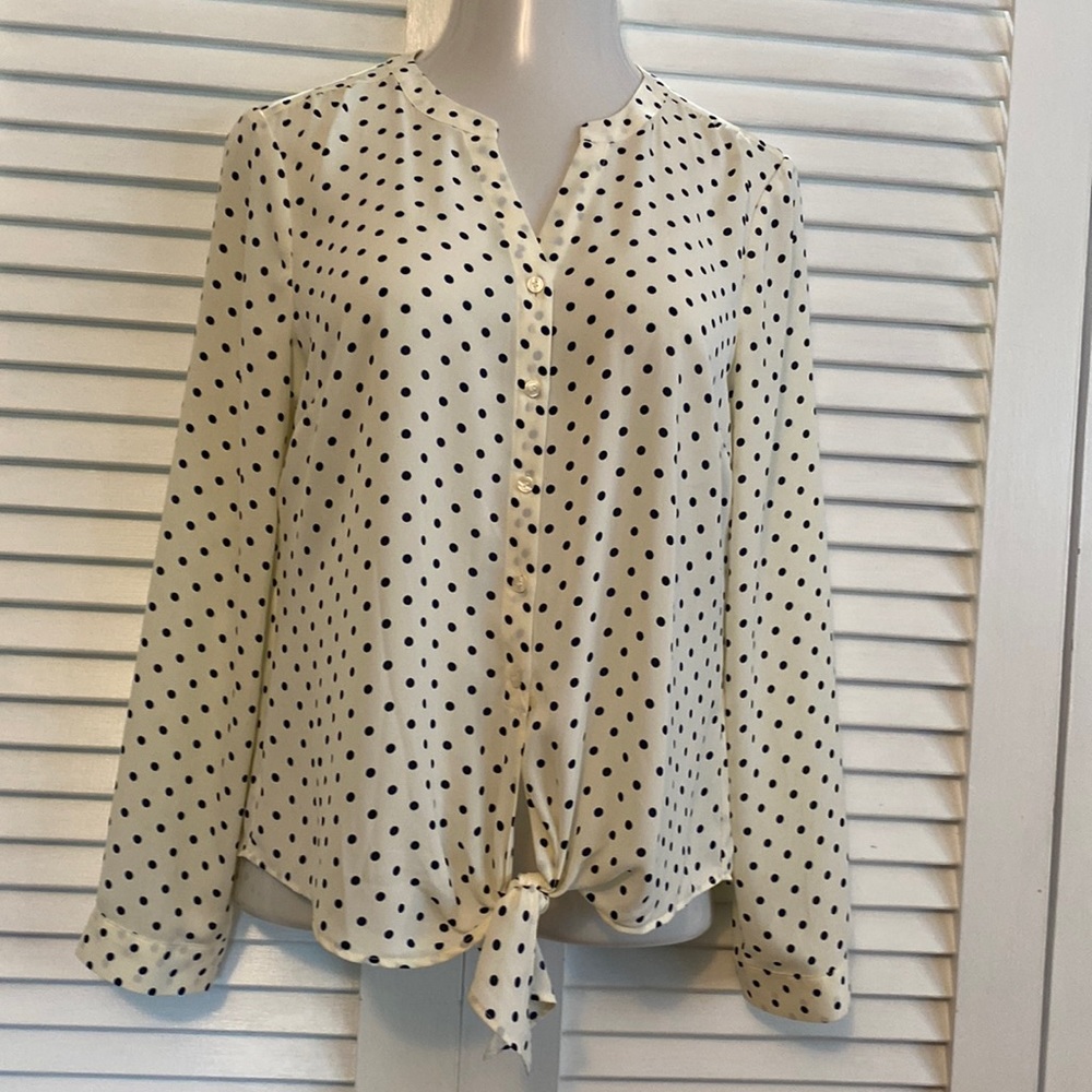 Talbots cream navy polka dot button down tie waist blouse semi sheer